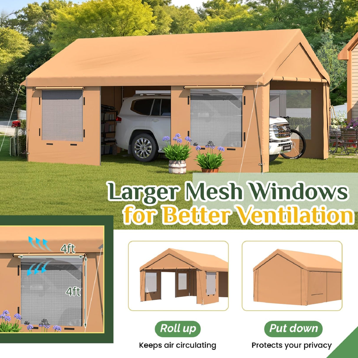 EROMMY 13' x 20' Heavy Duty Carport，Portable Garage with UV Protection & Steel Frame, Car Port with Removable Sidewalls, All-Season Car Canopy for Tractor, Truck, Boat, Yellow EROMMY