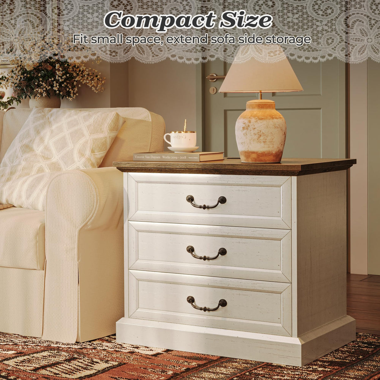 Huuger Nightstand with Charging Station, 3 Drawer Night Stand Set of 2, 22 Inch Wider Side Table with Storage, Farmhouse Nightstand with Vintage Handles, Thicken Base, for Bedroom, Distressed White Huuger