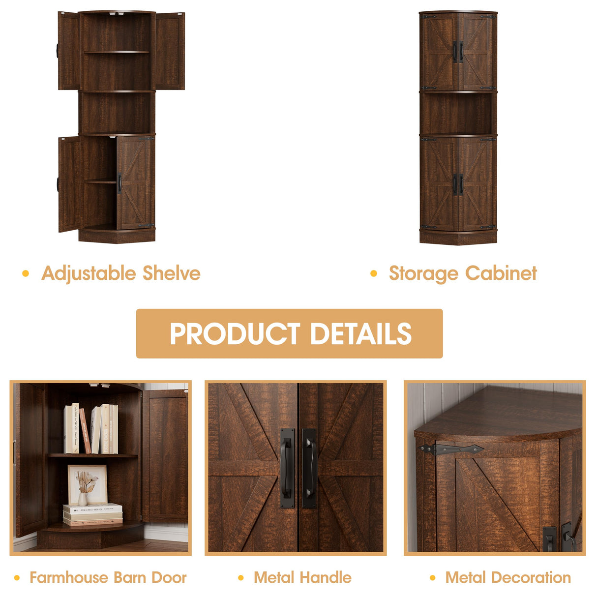 Vabches 64.8" Tall Farmhouse Corner Cabinet with 4 Doors and 5 Storage Shelves, Farmhouse Storage Cabinet with Barn Door Design, Home Space Saver for Living Room, Kitchen, Laundry Room,Brown Vabches