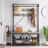 IDEALHOUSE Coat Rack Shoe Bench Industrial Hall Tree Storage Bench for Entryway Wood Look Accent Large Shoe Rack Bench with Storage Shelf Hanging Bar,8 Hooks Grey 39.9"x15.7"x72" IDEALHOUSE