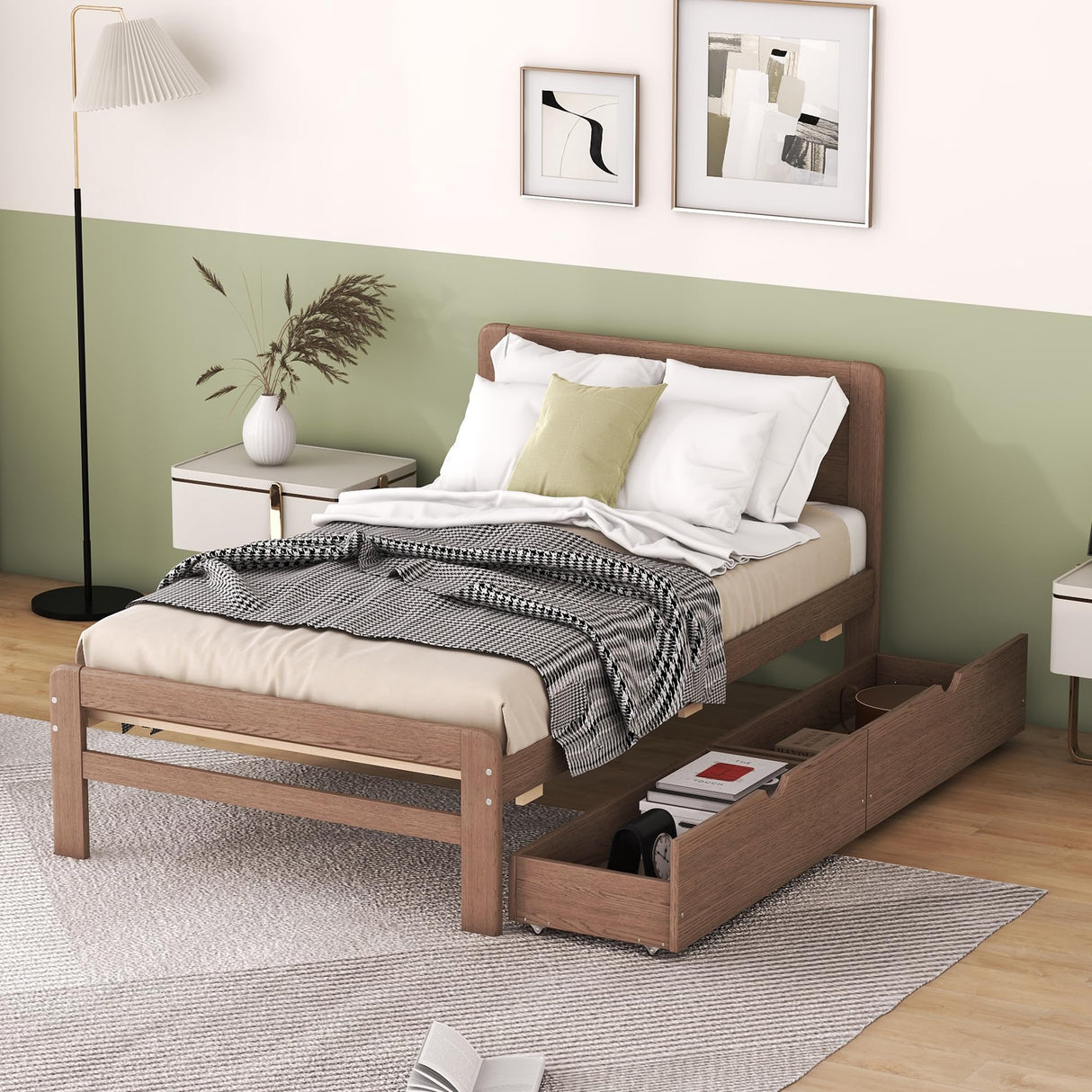 Twin Size Bed Frame with Storage Drawers,Solid Wood Platform Bed with Headboard,Twin Bed Frames for Kids,Teens,Adults,No Spring Needed,Walnut Bellemave