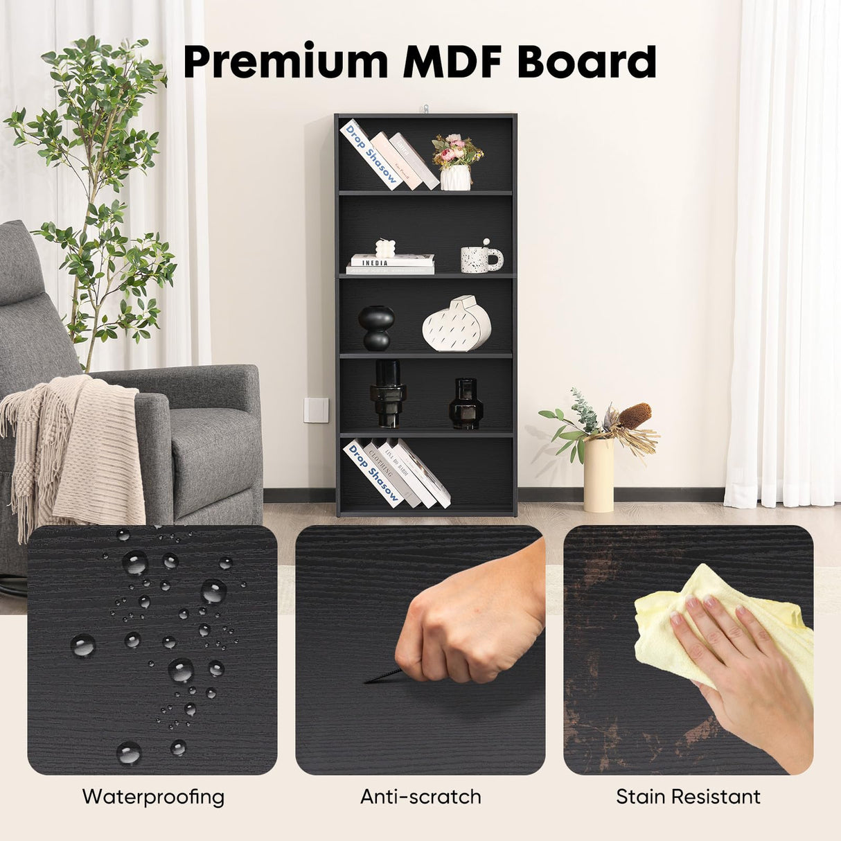 Sweetcrispy Industrial 5 Shelf Bookcase - Large 53 Inch Tall Floor Standing Open Bookshelf for Home Office, Living Room, and Bedroom Storage, Classic Black Sweetcrispy