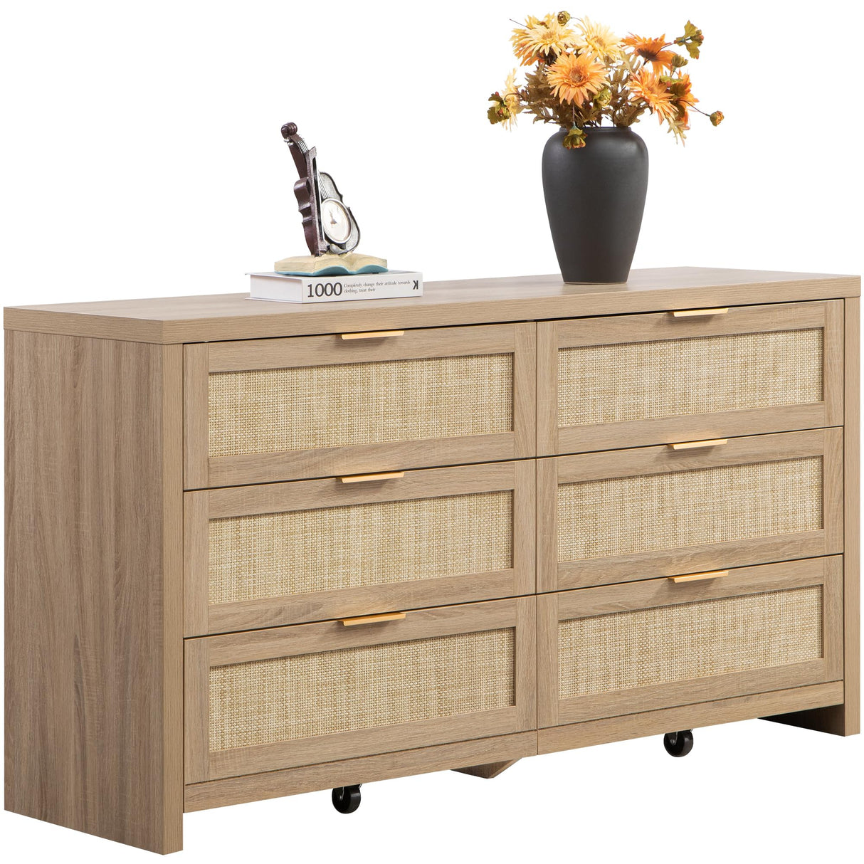 SICOTAS Rattan Dresser for Bedroom, 57" Wide 6 Drawer Dresser with Ample Storage, Dressers Large Chest of Drawers, Closet, Boho TV Stand for Bedroom (Reclaimed Light Oak, 1 Piece) SICOTAS