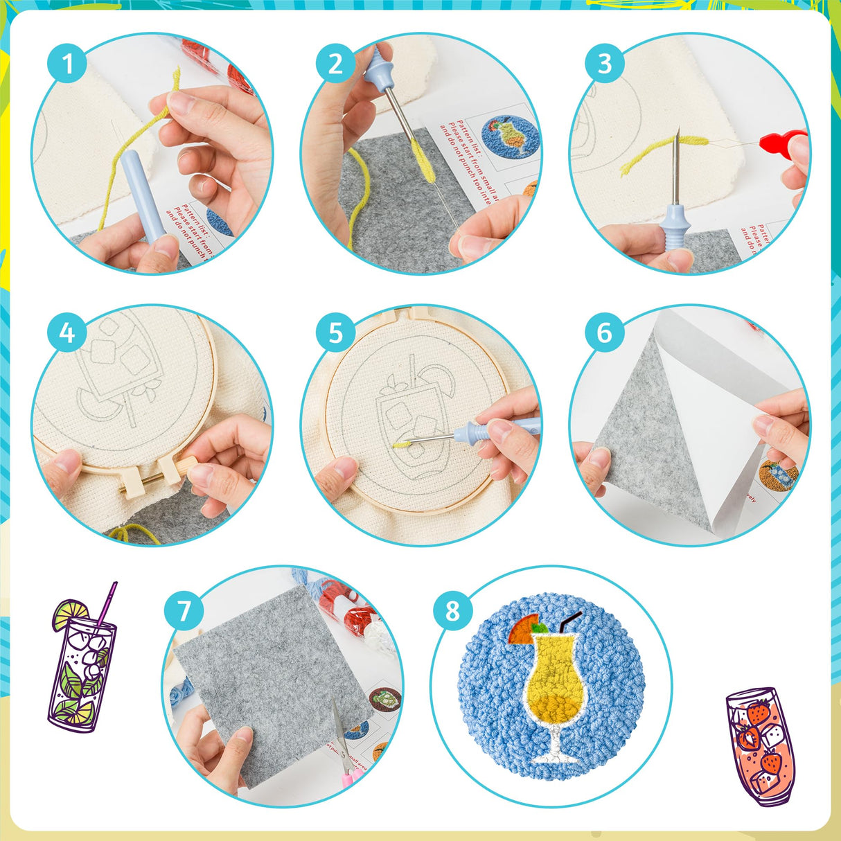 FoszaSzept Cocktail Punch Needle Coaster Kit, 22Pcs Embroidery Needle Coasters Crafts for Beginners, Easy DIY Mug Tufted Making Set with 6 Patterns Hoop Self Adhesive Felt Cloth Threading Device FoszaSzept