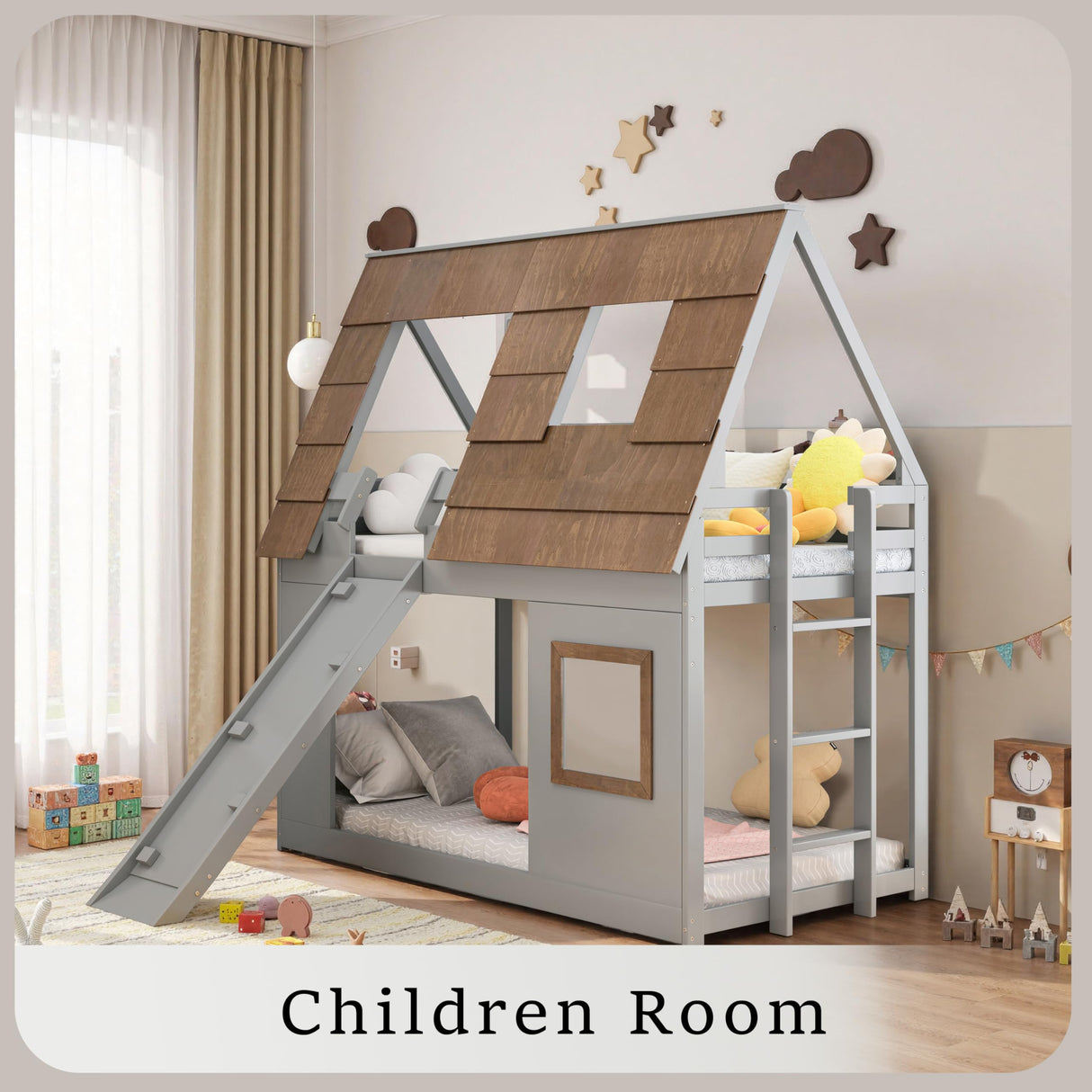 DGSPVCT Twin Over Twin House Bunk Bed for Kids, Wood Bunk Bed Frame with Window Roof Design and Guardrail, Montessori Floor Bunk Bed Frame with Climbing Ramp & Ladder, for Boys Girls, Gray DGSPVCT