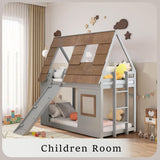 DGSPVCT Twin Over Twin House Bunk Bed for Kids, Wood Bunk Bed Frame with Window Roof Design and Guardrail, Montessori Floor Bunk Bed Frame with Climbing Ramp & Ladder, for Boys Girls, Gray DGSPVCT