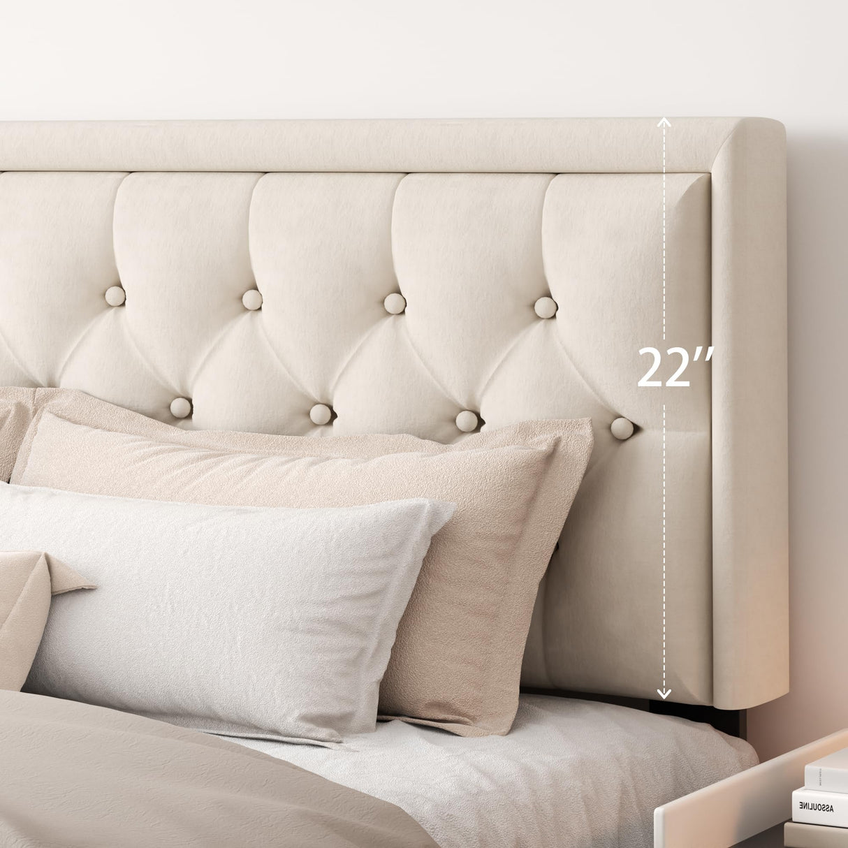 CXVX King Size Platform Bed Frame with Upholstered Velvet Button Tufted Headboard, Mattress Foundation with Wooden Slat Support, No Box Spring Needed, Easy Assembly, Noise Free, Beige CXVX