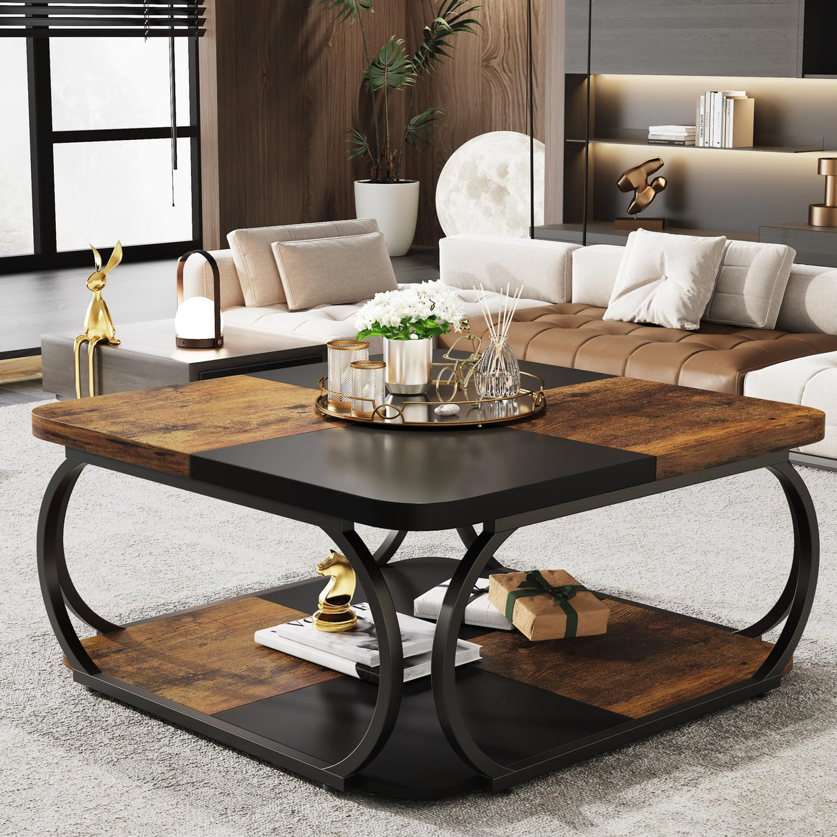 Tribesigns Square Coffee Table with 2 Tiers, 40 inches Low Farmhouse Coffee Table with Wood Storage Shelf Heavy Duty Metal Curved Frame for Modern Living Room, Black Rustic Brown Tribesigns