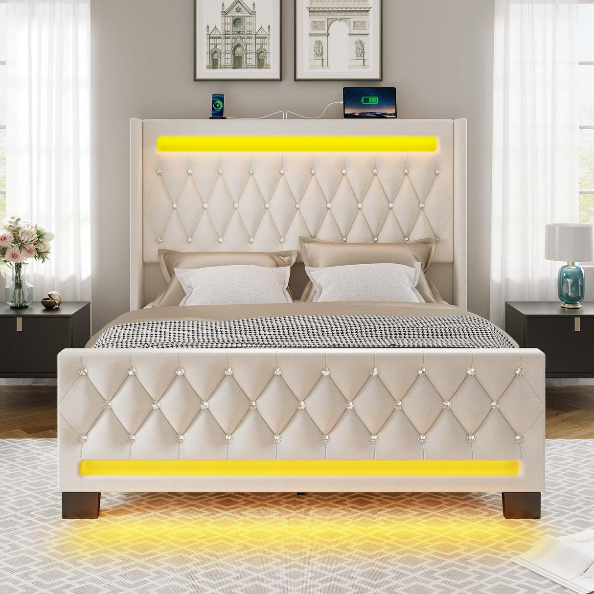 Rolanstar Full Bed Frame with LED Light and Charging Station, Upholstered High Headboard and Footboard, Wood Slats, Noise Free, Easy Assembly, Beige Rolanstar