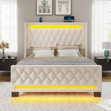 Rolanstar Full Bed Frame with LED Light and Charging Station, Upholstered High Headboard and Footboard, Wood Slats, Noise Free, Easy Assembly, Beige Rolanstar