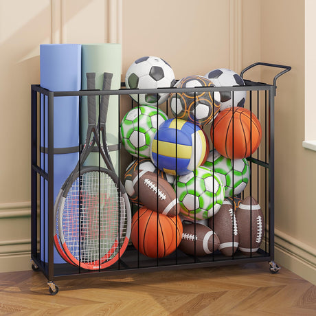 Homsorout Ball Storage Bin Rolling Sports Ball Cart, Metal Garage Organizer Sport Rack, Ball Basket Storage, Ball Cage for Garage or Gym, Indoor & Outdoor Sports Equipment Organizer（Black） Homsorout