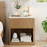 Yusong Night Stand, Wood Fluted Nightstand, 22" Large Bedside Table End Table with Faux Marble Top, Modern Night Stands with Drawer Storage for Bedroom Living Room, Natural Oak (1) Yusong