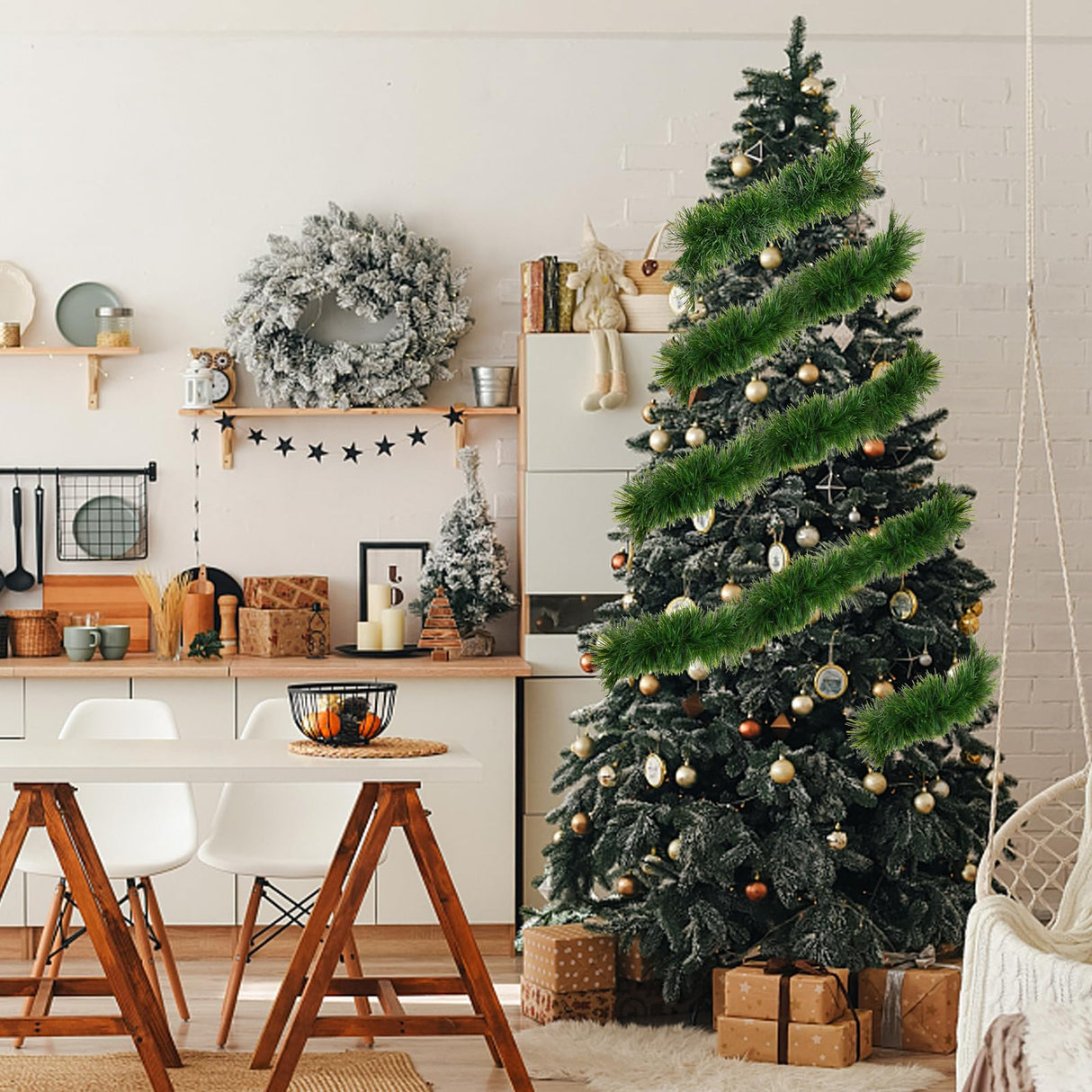 Green Garland Christmas Decorations,50Ft Xams Greenery Tinsel Stems Non-Lit Soft Twist Garland Decor for Tree Stairs Railing Front Door Mantle Fireplace Indoor Outdoor Holiday Home Hongsome