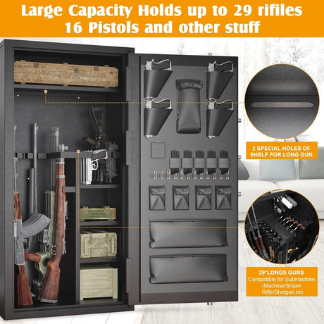 Large Rifle Safe, 35-40 Gun Safe for Rifle and Shotgun/Rifle Pistol Rack/Storage Pocket/Removable Shelf/Silent Mode/External Battery/LED/Key,180° Open Door Panel Organizer Unassembled Gun Safe Cabinet TTSITG