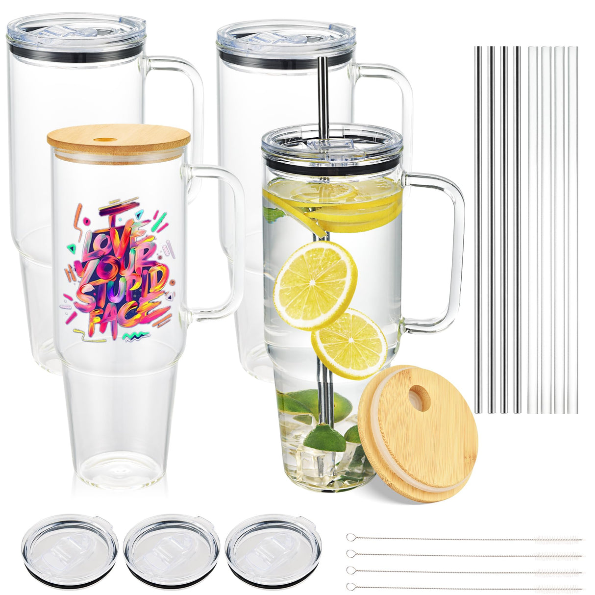 Laosh 40 oz Sublimation Glass Tumbler with Handle, Clear Tumblers with Lid and Straw, 40oz Large Capacity Drinking Glass Cups Bulk for Smoothie, Beer, Coffee, Tea, Milk, soda, water - 4 Pack Laosh
