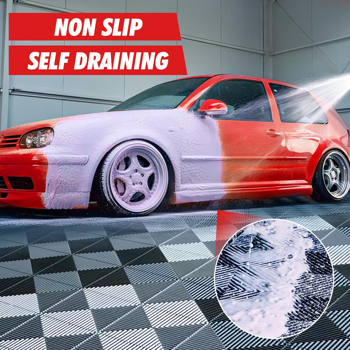 15.7"x15.7" Garage Flooring Tiles, Non-Slip Interlocking Plastic Garage Floor Mat, Garage Organization & Garage Storage, Vented Pattern (red, 25pcs) GOSLARLIT