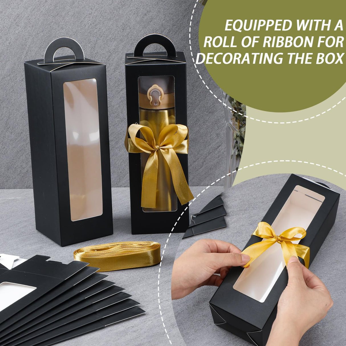 Ctosree 24 Pcs Tumbler Gift Box with Handle Gift Box for Sublimation Tumblers Heat Press Blanks Bottle clear Gift Box for Wine Bottle Cup Wrapping Packaging, 11 x 3.4 x 3.4 Inches (Black) Ctosree