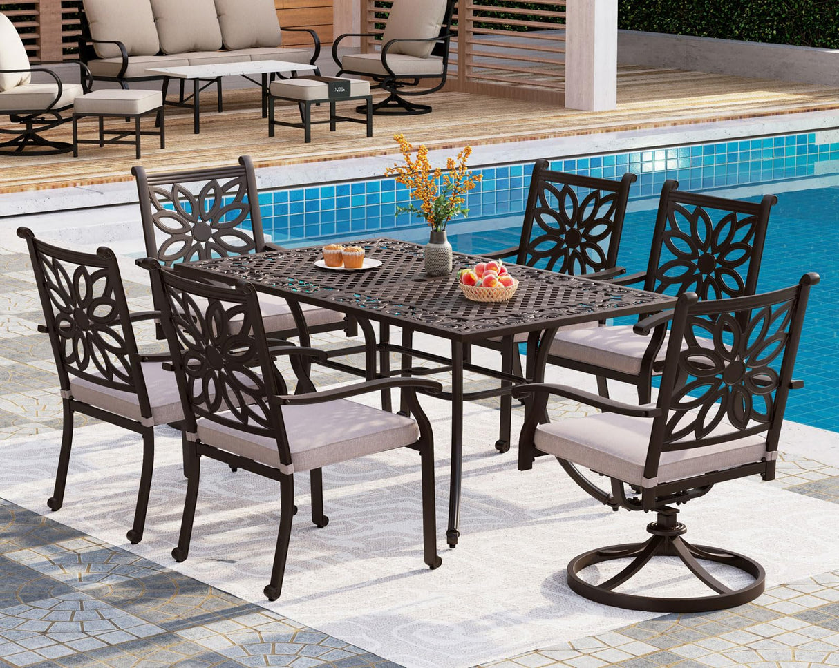 PHI VILLA Cast Aluminum Patio Dining Set for 6 Person, 7 Piece Outdoor Patio Set with 64" x 37" Cast-Top Aluminum Table(2.3" Umbrella Hole), 4 Dining Chairs and 2 Swivel Rockers with Seat Cushions PHI VILLA
