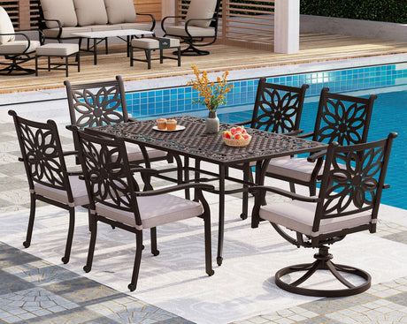 PHI VILLA Cast Aluminum Patio Dining Set for 6 Person, 7 Piece Outdoor Patio Set with 64" x 37" Cast-Top Aluminum Table(2.3" Umbrella Hole), 4 Dining Chairs and 2 Swivel Rockers with Seat Cushions PHI VILLA