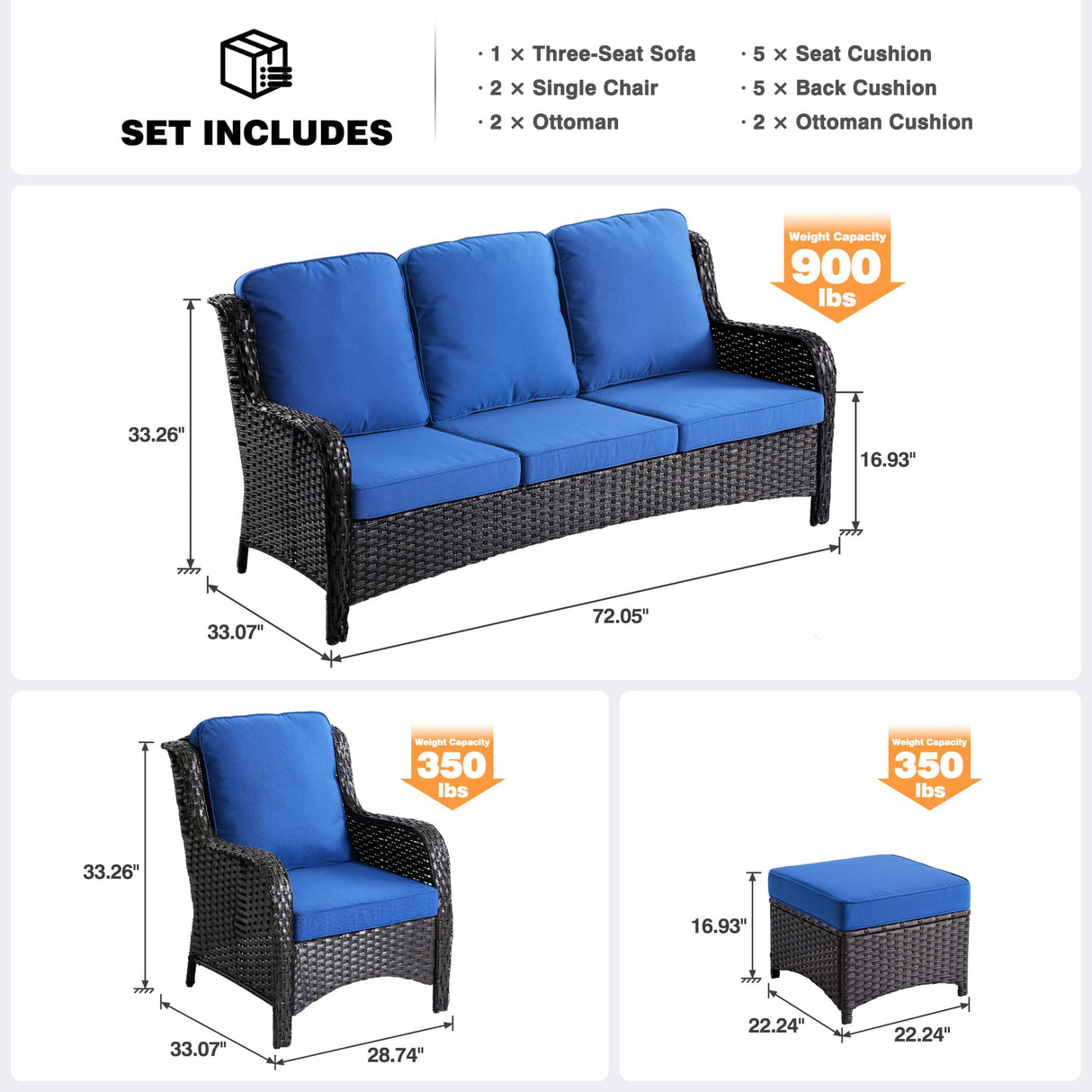 ovios Patio Furniture Set, 5 Piece Outdoor Wicker High Back Sofa with Comfy Cushions Ottomans, All Weather Conversation Set, Brown Rattan Navy Blue ovios