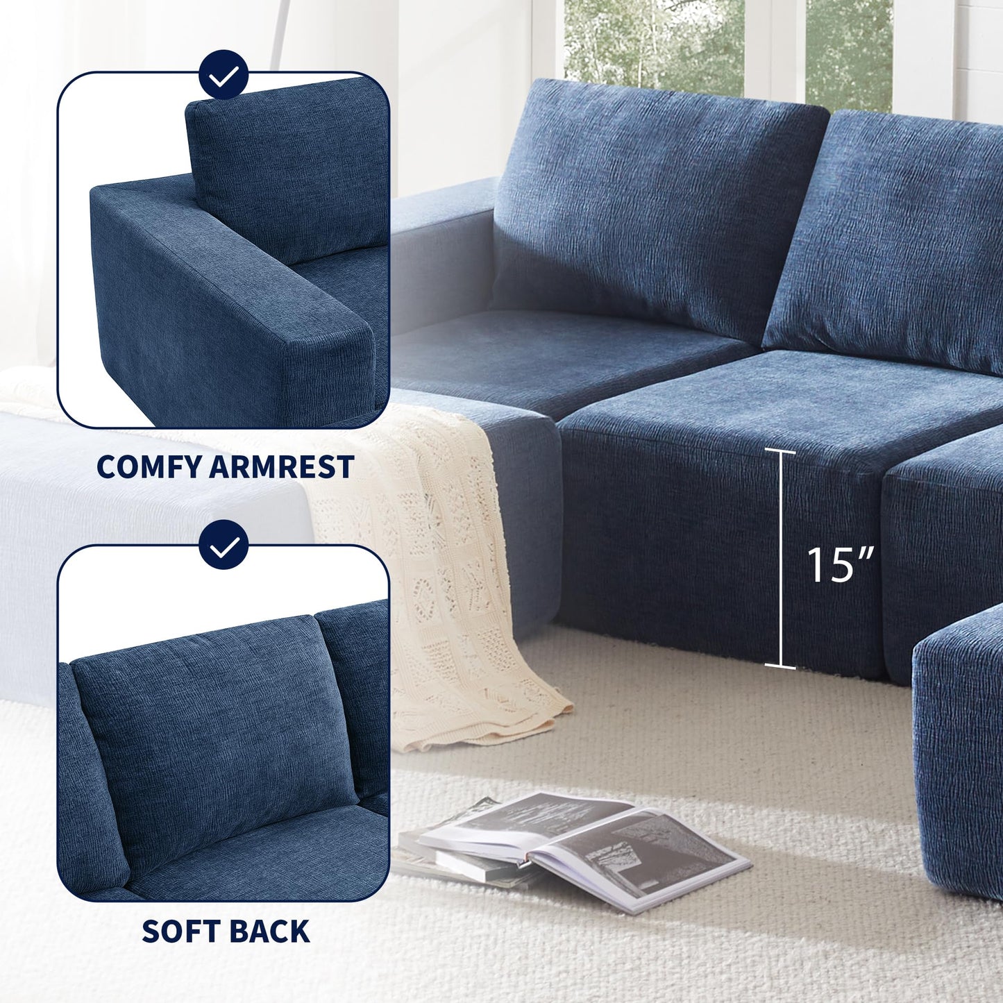 Merax 110”Oversized Sectional Sofa with Removable Ottomans, Navy 6 Seat U Shaped Sleeper Cloud Couch Set, Living Room Reversible Upholstered Sofabed for Apartment, No Assembly Required, Blue