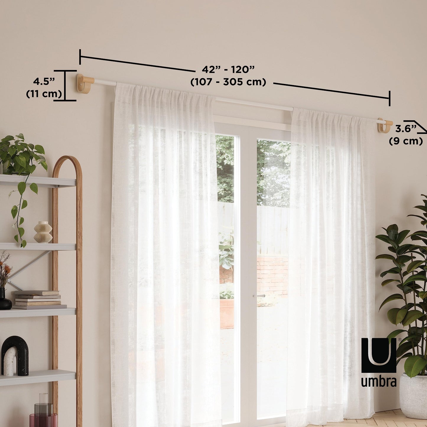 Umbra Bellwood Curtain Rod for Window Drapery, Adjustable Length, Set Includes Finials and Mounting Hardware, White/Natural