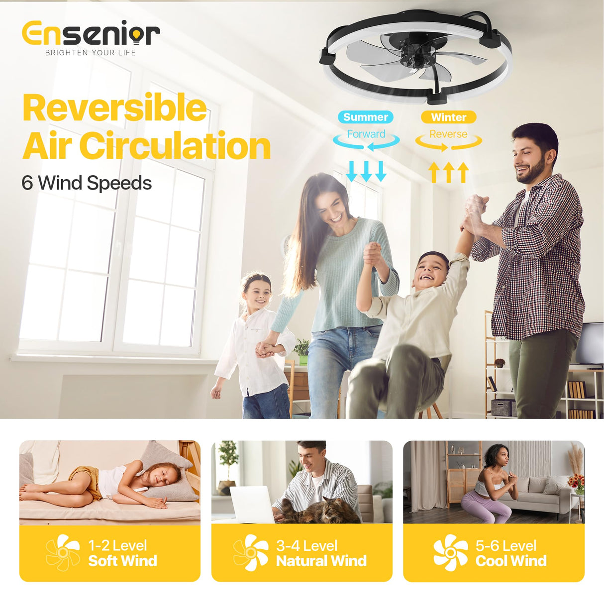 Ensenior 20'' Low Profile Ceiling Fans with Lights and Remote, Fandelier Ceiling Fan Flush Mount, APP Control, 6 Speed & 3000K-6500K Stepless Dimmable Small Ceiling Fan with Light for Bedroom - Black Ensenior