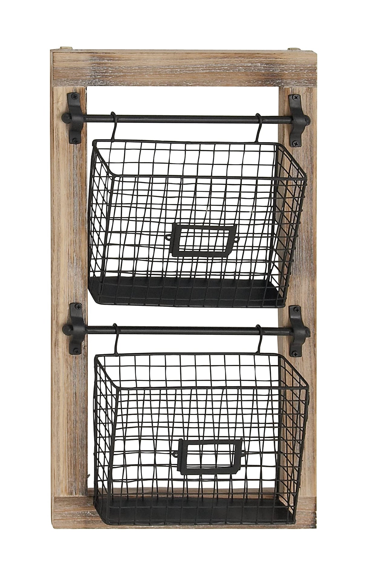 Deco 79 Wood Rectangle Magazine Rack Holder with Suspended Baskets and Label Slot, 14" x 4" x 25", Black Deco 79
