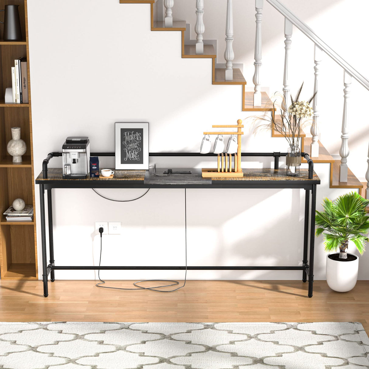 VECELO 55 Inch Console/Sofa Table with Charging Station&Power Outlet, Narrow Industrial Behind Couch, for Entryway, Hallway, Living Room, Foyer, 55inches, Grey Oak-1 VECELO