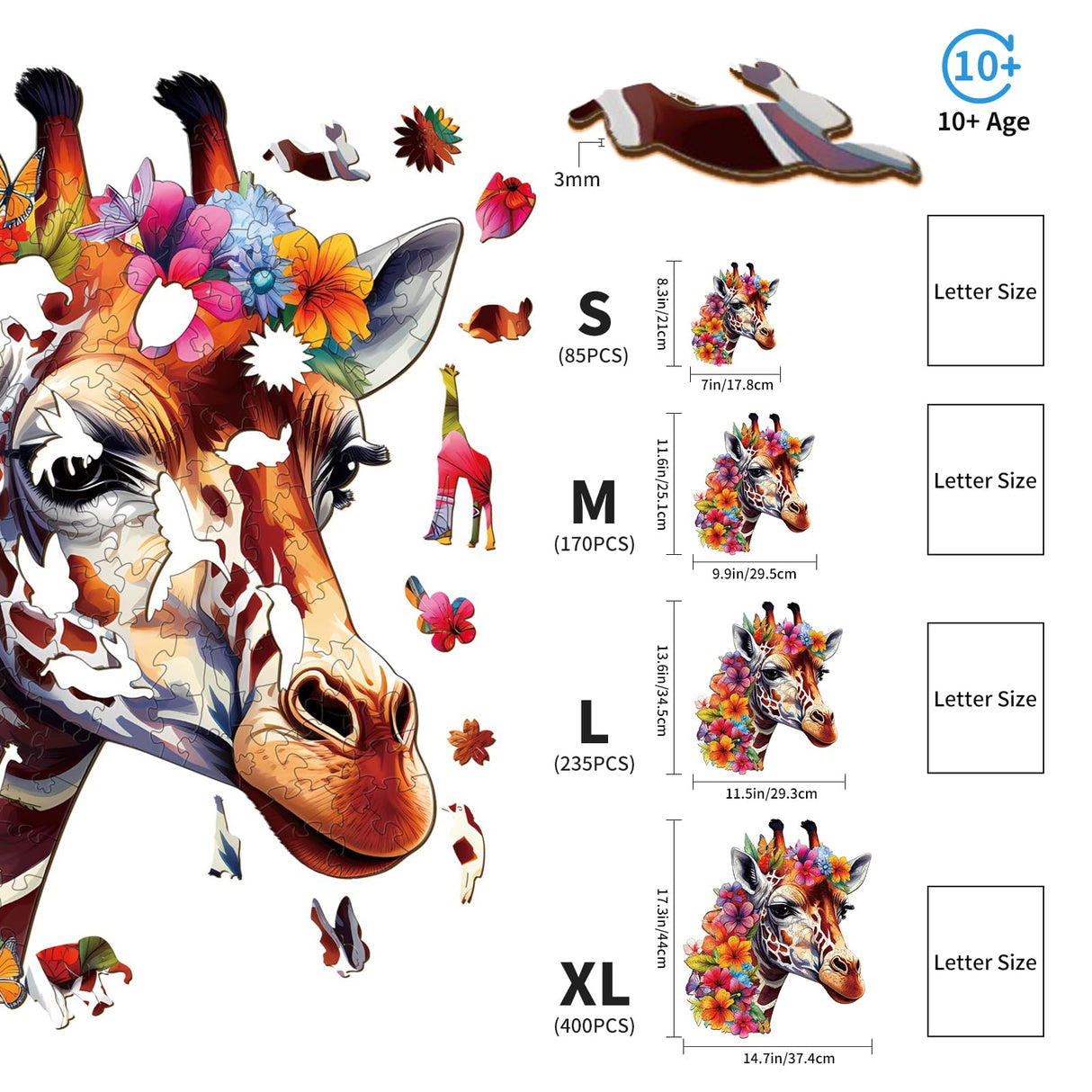 Woodemon Wooden Puzzles for Adults, Flowers and Giraffes (M-170pcs) Wooden Jigsaw Puzzles Kids, 11.6 * 9.9in Unique Shaped Animal Wood Puzzles Adults, Fathers Birthday Family Games Woodemon