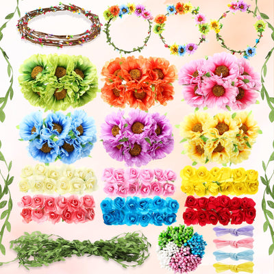 Suncalla 30 Sets Flower Crowns Making Kit, Make Your Own Flower Crown Wreath Garland Headbands and Bracelets Craft Kit Handmade DIY Floral Hair Accessories Gift for Girls/Teens/Women(Azalea)
