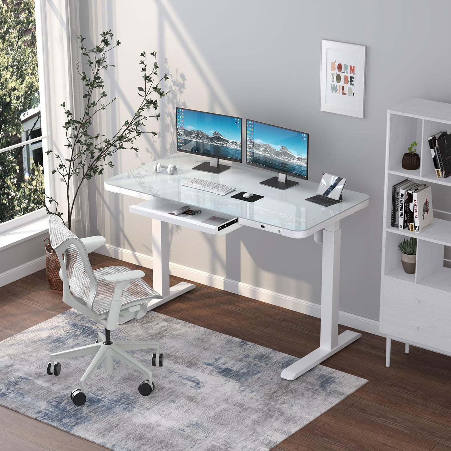 ADOFFUR Glass Standing Desk with Drawer, Electric Height Adjustable Home Office Desk with USB Ports,Sit Stand Up Desk with Tempered Glass Top, Memory Presets - White