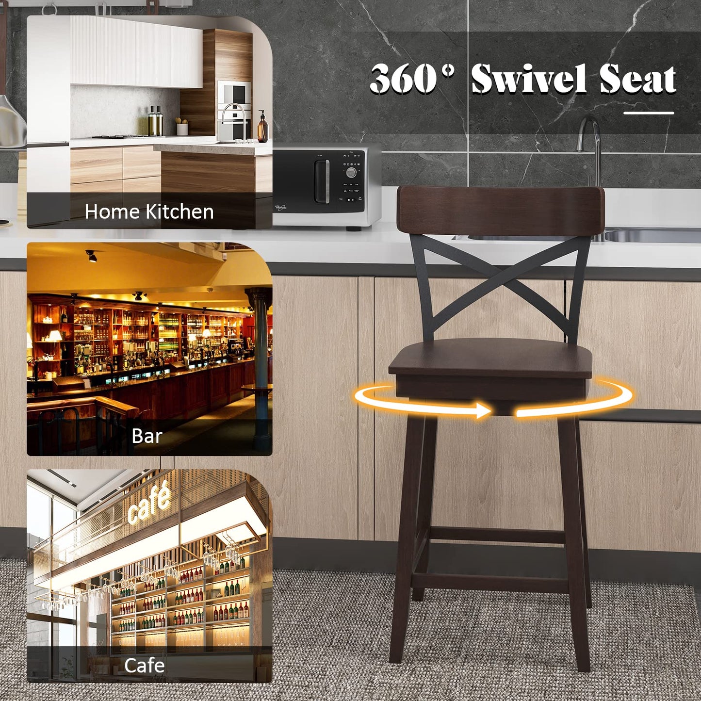 COSTWAY Swivel Bar Stool Set of 2, 24 Inch Ergonomic Counter Height Chairs with Open X Back & Footrest, 2PCS Vintage Wooden Barstools for Kitchen