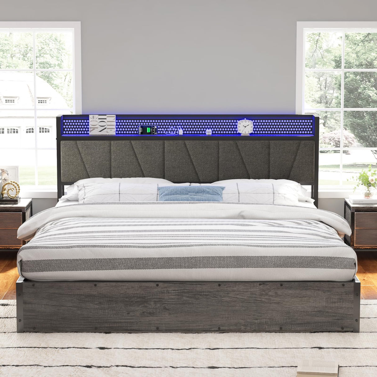 AMERLIFE King Size Lift Up Bed Frame with Linen Upholstered & LED Light & Storage Headboard, Platform Bed Frame with Charging Station, No Box Spring Needed, Noisy Free, Rustic Grey AMERLIFE