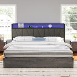 AMERLIFE King Size Lift Up Bed Frame with Linen Upholstered & LED Light & Storage Headboard, Platform Bed Frame with Charging Station, No Box Spring Needed, Noisy Free, Rustic Grey AMERLIFE