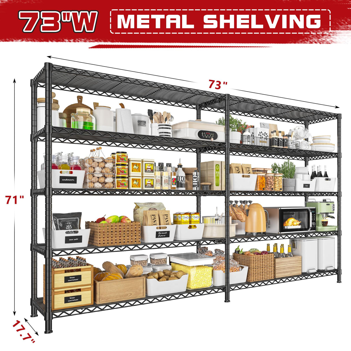 REIBII 73''W Storage Shelves Load 1650 LBS Metal Shelving 5-Tier Wire Shelving Unit for Storage Rack Adjustable Heavy Duty Metal Shelves for Pantry Kitchen Garage, 17.7" D x 73" W x 71" H REIBII