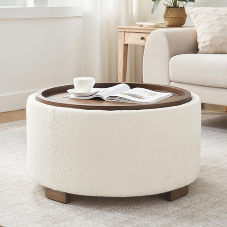 Zihanhome 30 Inch Round Storage Ottoman Coffee Table, Modern Boucle Ottoman with Lift-Off Lid and Solid Wood Legs for Living Room, Bedroom, Corners, Apartments (Beige) Zihanhome