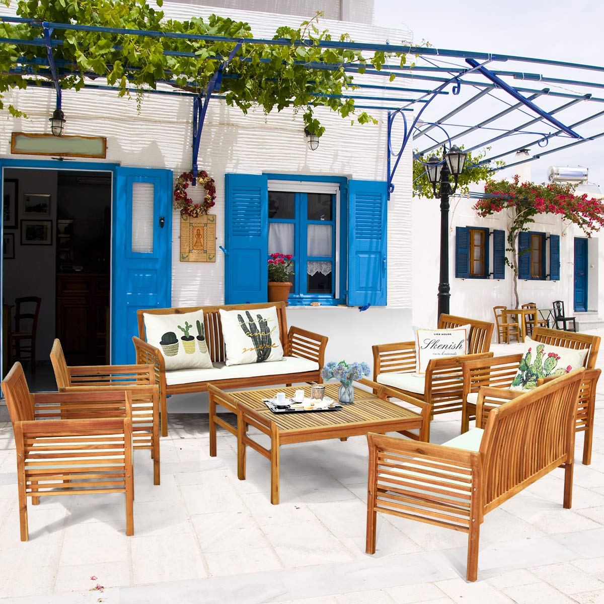 Tangkula 8 Piece Outdoor Acacia Wood Sofa Set w/Water Resistant Cushions, Padded Patio Conversation Table Chair Set w/Coffee Table for Garden, Backyard, Poolside (2) Tangkula