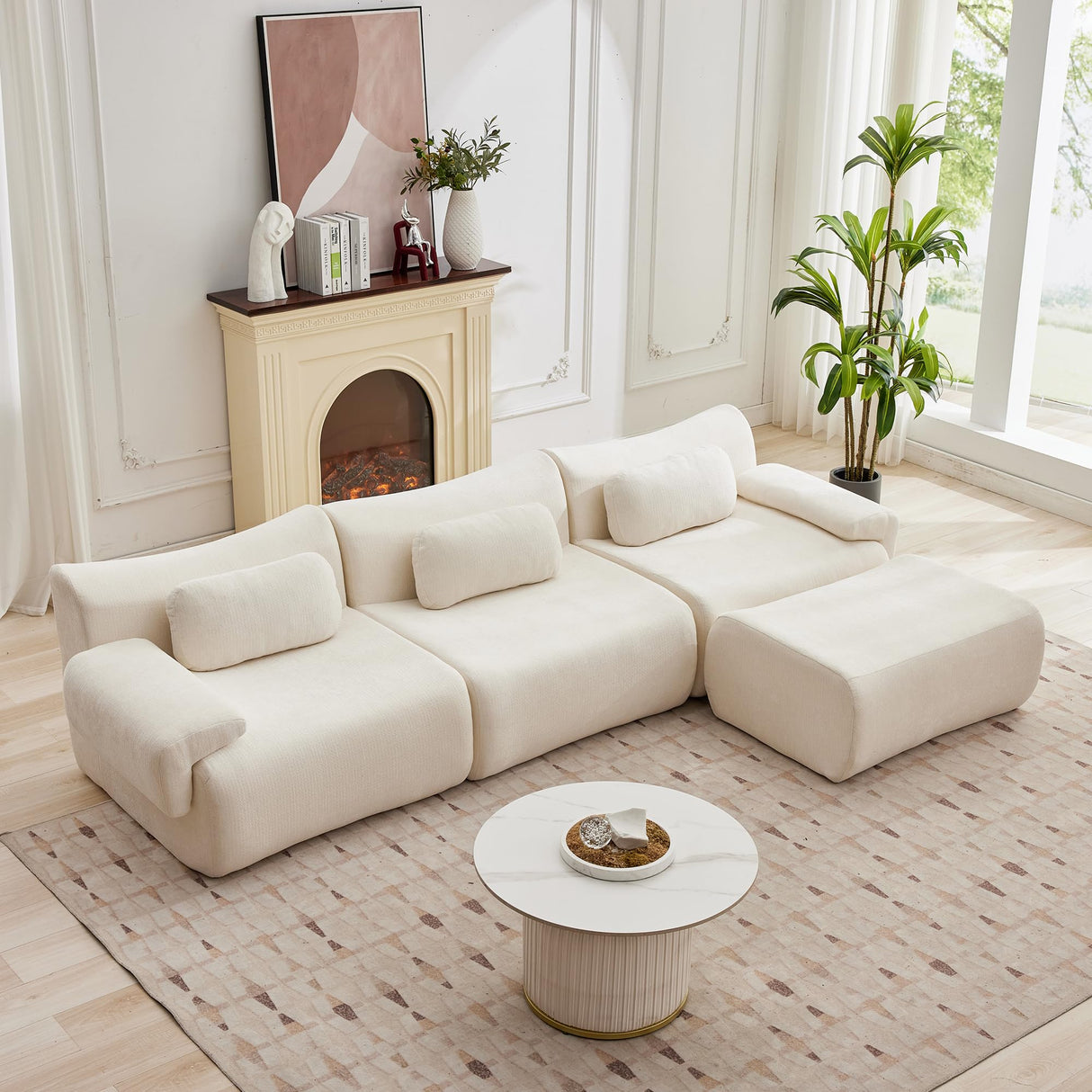 MAXMXX 117”L Shaped Modern Sofa Modular Sectional Cloud Couch with Ottoman,Oversized Boneless Sofa,3+1 Seater Chenille Deep-Seat Sofa with 3 Pillows,Suitable for Living Room or Bedroom(White) MAXMXX