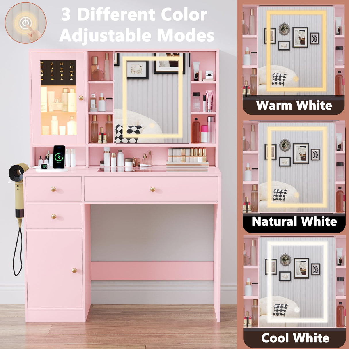 HUANLEGO Vanity Desk with Mirror and Lights, Glass Top Vanity with Lights and RGB Cabinet & Jewellery Organizers, Makeup Vanity Desk with Lights, Power Outlet, Dressing Table for Bedroom, Pink HUANLEGO