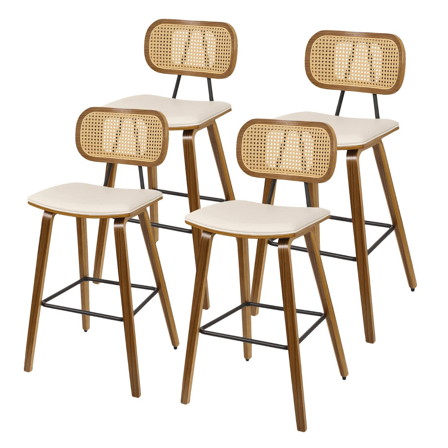 Mid-Century Modern Rattan Bar Stools Set of 4 – 26" Cream White PU Leather Upholstered Counter Height Stools with Walnut Wood Legs