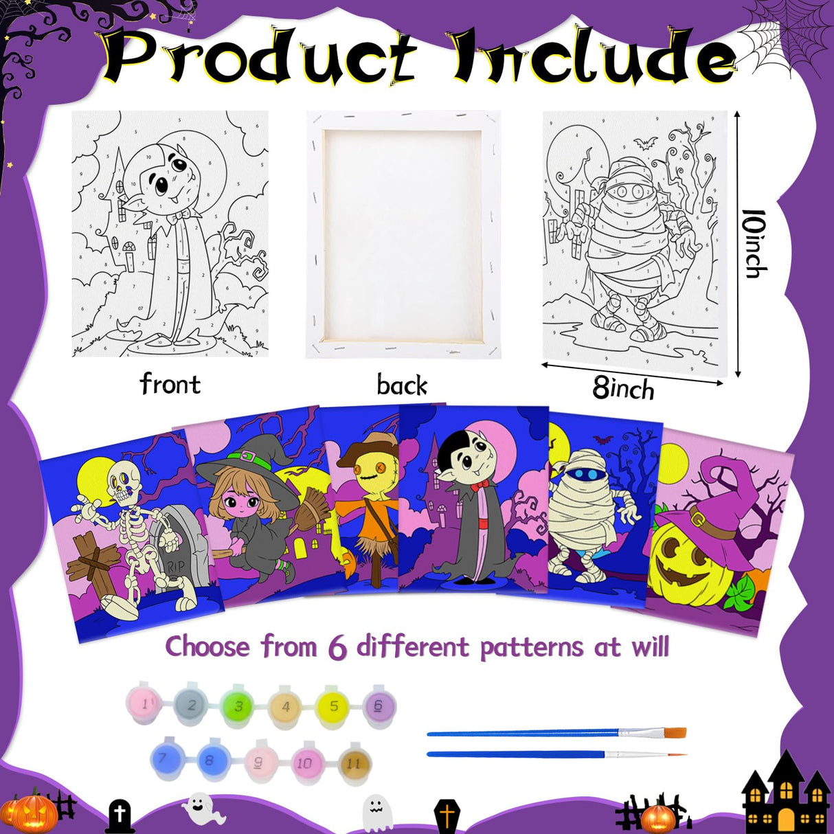 6 Packs Halloween Pre Drawn Stretched Canvas Paint by Numbers Kit with Framed Canvas brushes acrylic paint Halloween DIY Acrylic Landscape Oil Painting Arts Crafts for Beginners, Students, Party Favor Yizeda