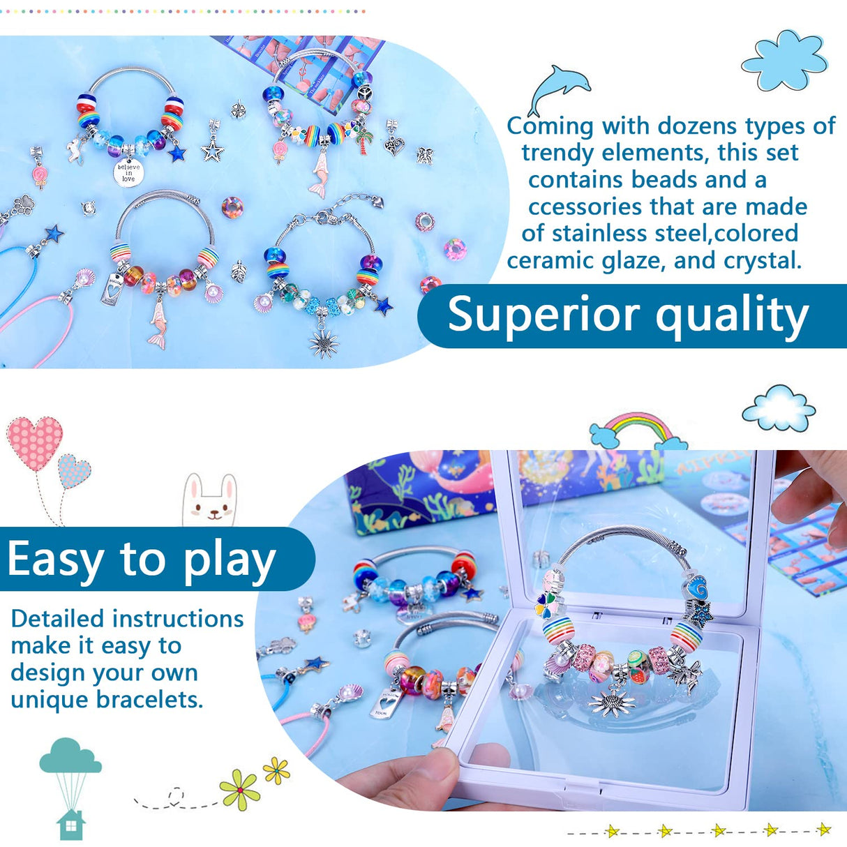 AIPRIDY Charm Bracelet Making Kit,Unicorn Mermaid Crafts Gifts Set Can Inspires Imagination and Creativity,Jewelry Making Kit Perfect Gifts for Girls 5-12 Years Old(72 Pieces Mermaid Aqua) AIPRIDY