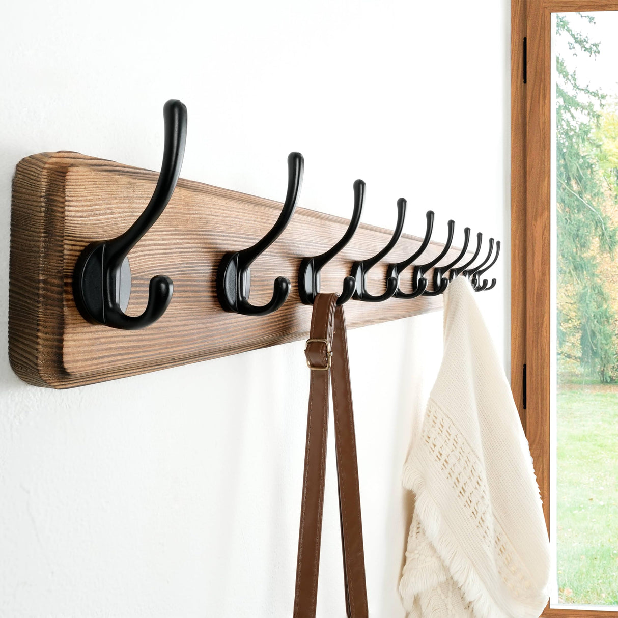 Dseap Coat Rack Wall: 38-1/4" Long, Patented, Heavy-Duty, 10-Double-Hooks Wooden Wall Mounted Coat Rack Coat Hanger Hook Rail for Winter Coats Hat Jacket Clothing, Natural & Black Dseap