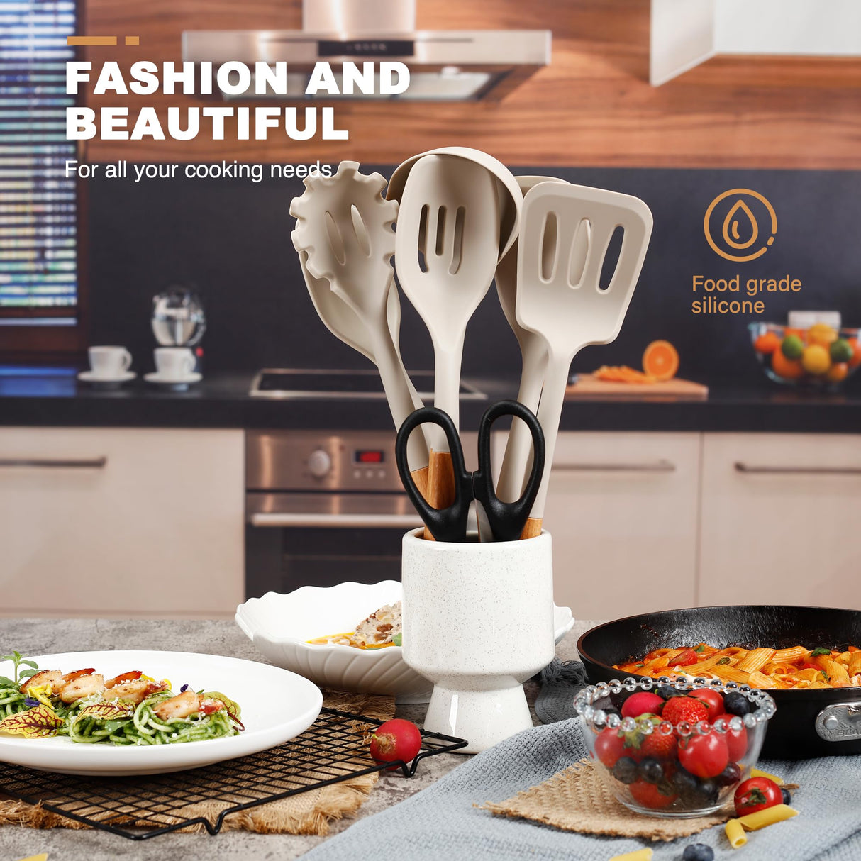 QMVESS Large Silicone Cooking Utensils Set 7 Pcs Heat Resistant Kitchen Utensils Set Food Grade Silicone and Wooden Handles Spatula Soup Ladle Pasta Server Kitchen Scissors BPA Free (Khaki) QMVESS