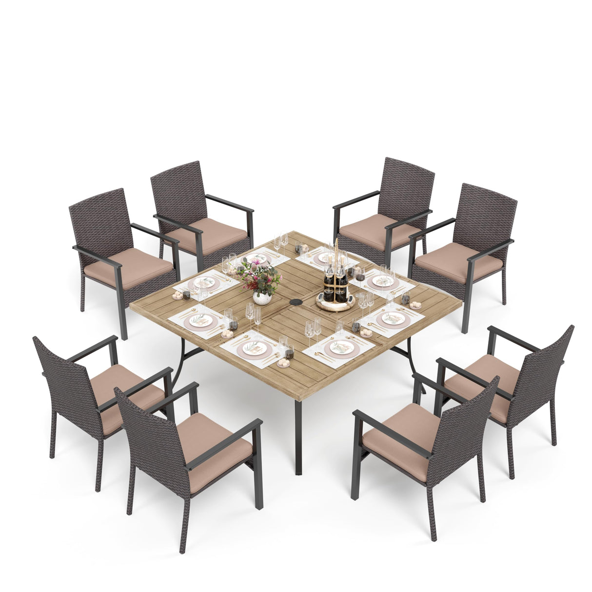 PHI VILLA 9 Pieces Patio Dining Set for 8, 60” Wood-Like Large Square Metal Steel Dining Table & Rattan Wicker Chairs with Cushions, Outdoor Dining Furniture for Deck, Yard, Porch PHI VILLA