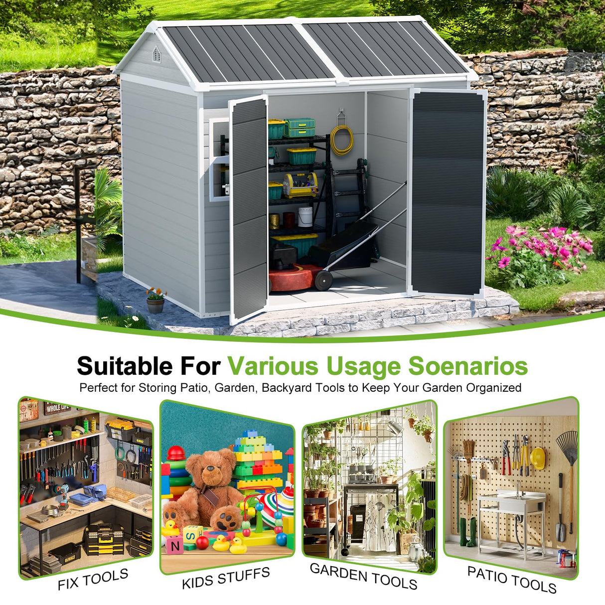 8X6 Shed Plastic Outdoor Storage with Floor & Lockable Doors, All Weather Resin Lean to Sheds with Window and Vents, Garden Tool Cabinet for Bike,Toy, Lawnmower WACASA