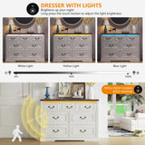 Farmhouse 7 Drawers Dresser for Bedroom, Large Chest of Drawers with Hidden Storage, Tall Dresser with LED Lights, Wood Dressers Organizer for Living Room, Closet, Hallway, Antique White TAGELIER