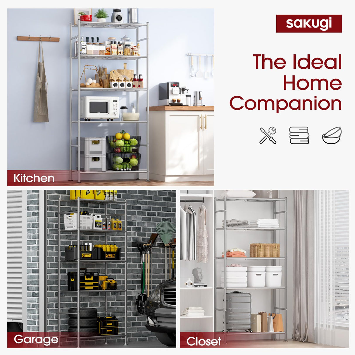 Sakugi Storage Shelves - 5 Tier Shelf Organizer, Heavy Duty Garage Shelving Unit with Leveling Feet, Stable Metal Shelves Organizer for Pantry, Kitchen and Closet, 33.0" W x 12.6" D x 72.0" H, Silver Sakugi