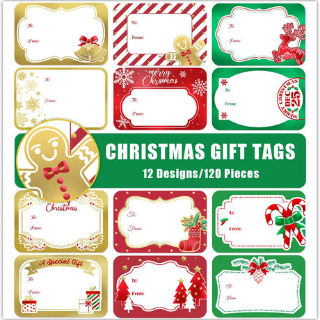 120Pcs Foil Christmas Gift Tags Stickers for Presents, 12 Jumbo Designs, Sooez Self Adhesive to and from Labels, Xmas Peel and Stick Gift Name Tags, Festival Holiday Christmas Wrapping Accessories Sooez